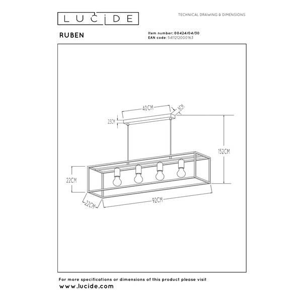 Lucide Handlamp 4x E27 | Ruben | 92 cm | Zwart LLU20351 - 8