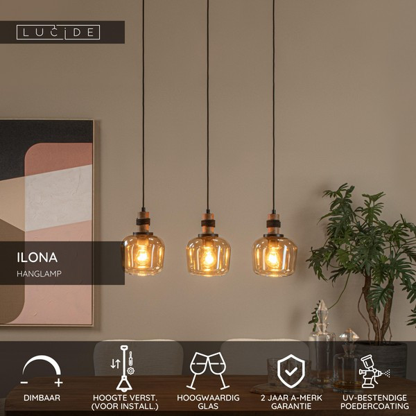 Lucide Hanglamp 3x E27 | Ilona | Amber | Zwart LLU20187 - 2