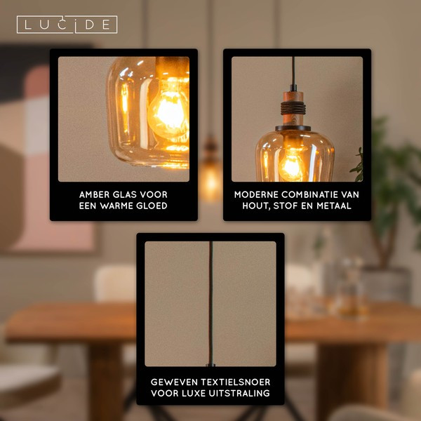 Lucide Hanglamp 3x E27 | Ilona | Amber | Zwart LLU20187 - 3