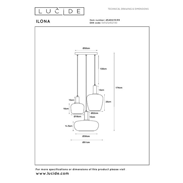 Lucide Hanglamp 3x E27 | Ilona | Zwart LLU20188 - 8