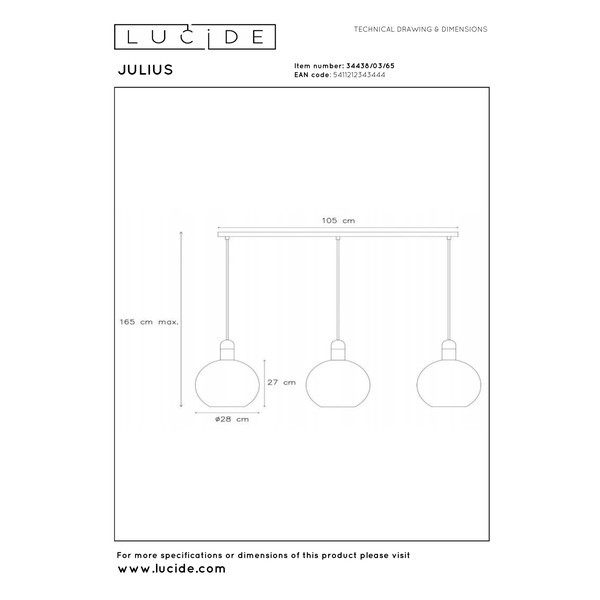 Lucide Hanglamp 3x E27 | Julius | 105 cm | Zwart LLU20212 - 4