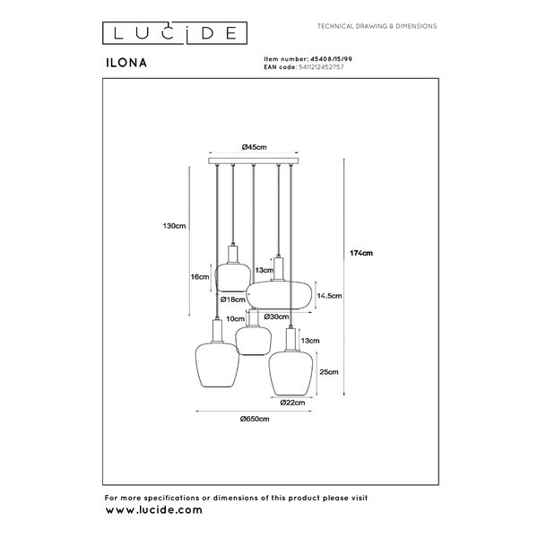 Lucide Hanglamp 5x E27 | Ilona | Zwart LLU20189 - 8