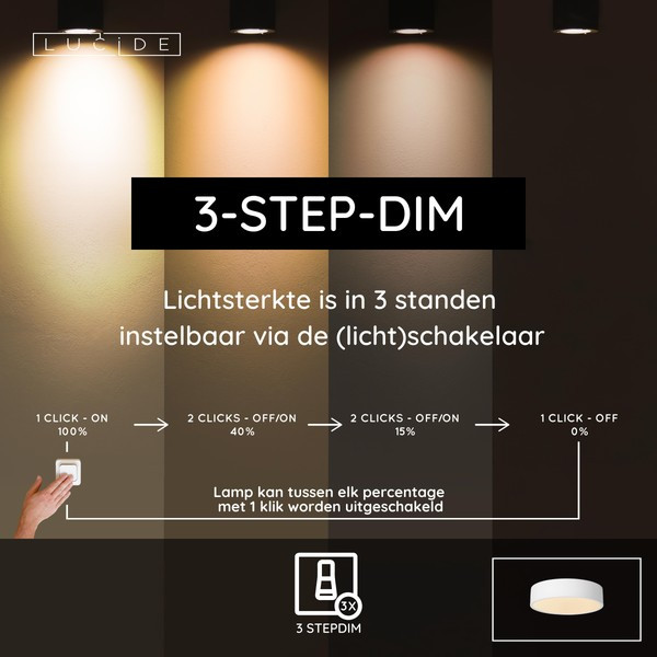 Lucide LED Plafondlamp |  Ø 20 cm | Unar | 2700K | 3-staps dimbaar | Wit | 12W LLU20536 - 3