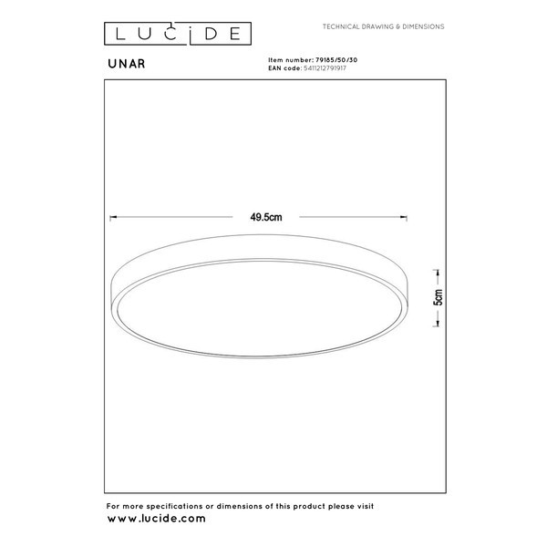 Lucide LED Plafondlamp | Ø 49.5 cm | Unar | | 2700K | 3-staps dimbaar | Zwart | 36W LLU20546 - 7