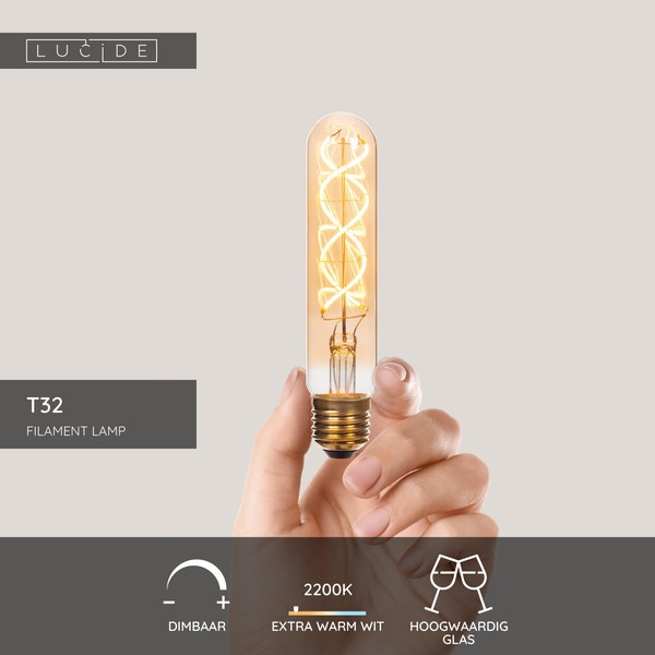 Lucide LED lamp E27 | Buis T32 | Filament | Goud | 2200K | 3-staps dimbaar | 4.9W (40W) LLU20390 - 5
