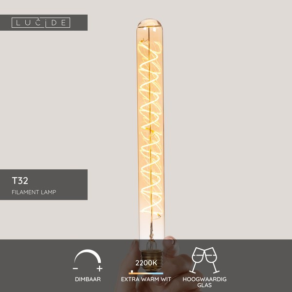 Lucide LED lamp E27 | Buis T32 | Filament | Goud | 2200K | 3-staps dimbaar | 4.9W (40W) LLU20394 - 5