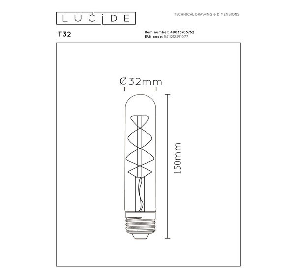 Lucide LED lamp E27 | Buis T32 | Filament | Goud | 2200K | Dimbaar | 4.9W (40W) LLU20392 - 4