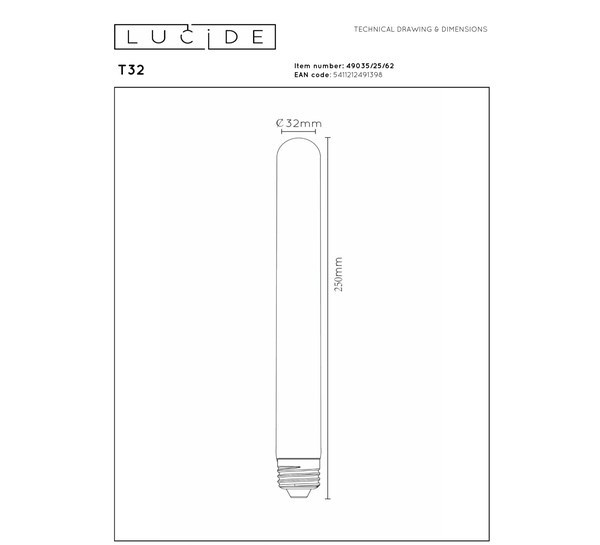 Lucide LED lamp E27 | Buis T32 | Filament | Goud | 2200K | Dimbaar | 4.9W (40W) LLU20402 - 3