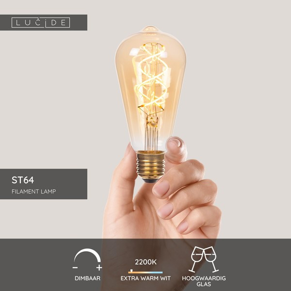 Lucide LED lamp E27 | Edison ST64 | Filament | Goud | 2200K | 3-staps dimbaar | 4.9W (40W) LLU20376 - 5