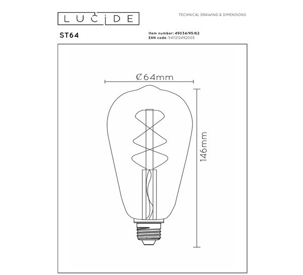 Lucide LED lamp E27 | Edison ST64 | Filament | Goud | 2200K | 3-staps dimbaar | 4.9W (40W) LLU20376 - 6