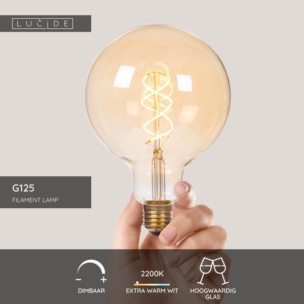 Lucide LED lamp E27 | Globe G125 | Filament | Goud | 2200K | 3-staps dimbaar | 4.9W (40W) LLU20125 - 3