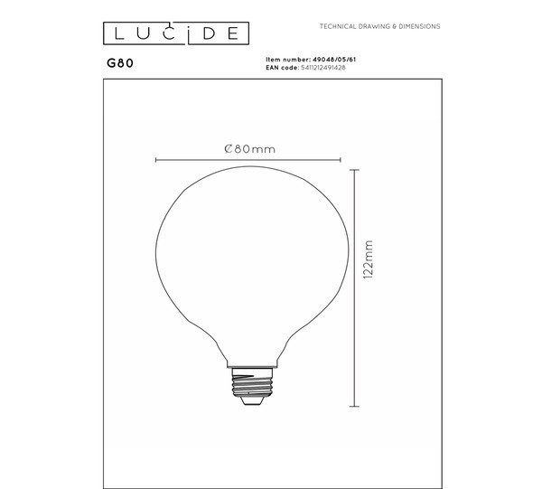 Lucide LED lamp E27 | Globe G80 | Mat | 2700K | Dimbaar | 4.9W (40W) LLU20151 - 4