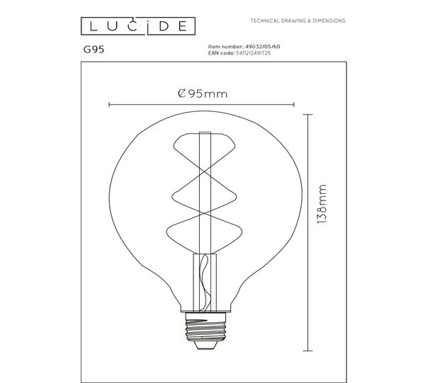 Lucide LED lamp E27 | Globe G95 | Filament | 2700K | Dimbaar | 4.9W (40W) LLU20161 - 4
