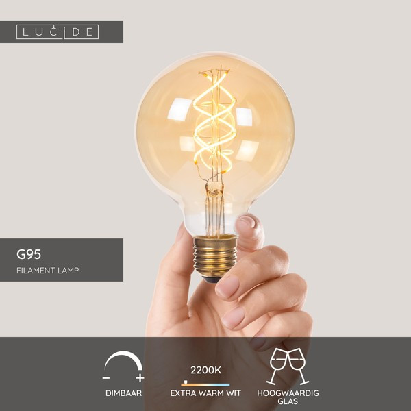 Lucide LED lamp E27 | Globe G95 | Filament | Goud | 2200K | 3-staps dimbaar | 4.9W (40W) LLU20157 - 3