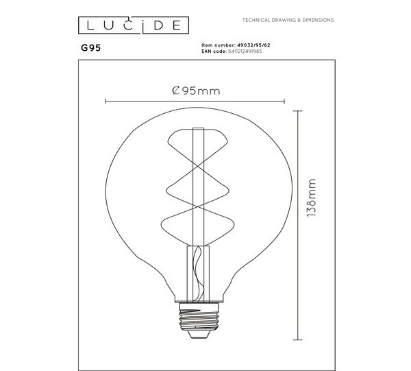 Lucide LED lamp E27 | Globe G95 | Filament | Goud | 2200K | 3-staps dimbaar | 4.9W (40W) LLU20157 - 6