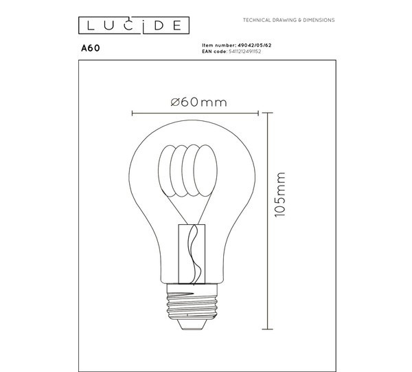 Lucide LED lamp E27 | Peer A60 | Filament | Goud | 2200K | Dimbaar | 4.9W (40W) LLU20003 - 4