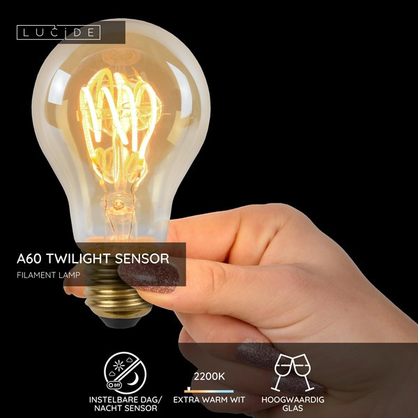 Lucide LED lamp E27 met sensor | Peer A60 | Filament | Goud | Schemer | 2200K | 4W (40W) LLU20007 - 3