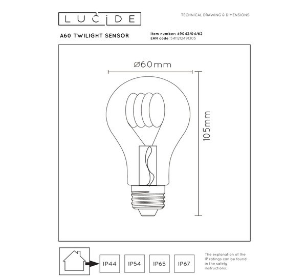 Lucide LED lamp E27 met sensor | Peer A60 | Filament | Goud | Schemer | 2200K | 4W (40W) LLU20007 - 4