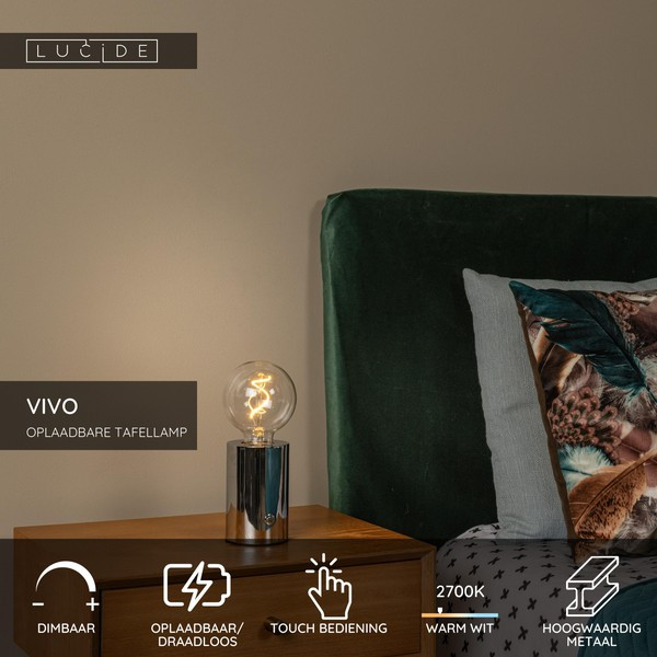 Oplaadbare tafellamp | Cilinder | 2700K | Ø 8 x 22.5 cm | Dimbaar | Chroom | 1W LLU20549 - 2