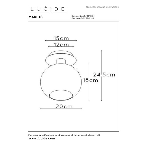 Lucide Plafondlamp E27 | Ø 20 | Marius | Glas | Zwart LLU20265 - 5