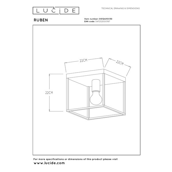 Lucide Plafondlamp E27 | 22 x 22 cm | Ruben | Zwart LLU20352 - 4
