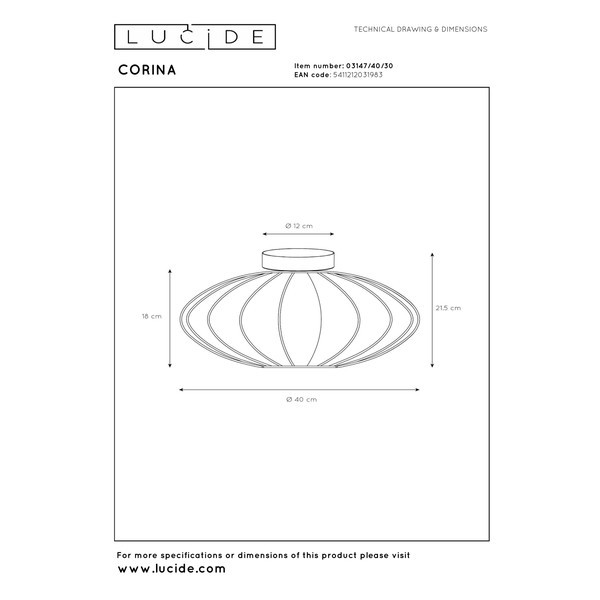 Lucide Plafondlamp E27 | Corina | Ovaal | IP20 | Polyester | Zwart | Ø 40 cm LLU20089 - 6