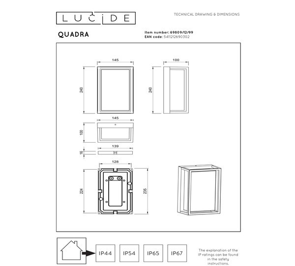 Lucide Smart Wandlamp buiten | Quadra | RGB + 2700-6500K | IP54 | Zwart | 11W LLU20332 - 6