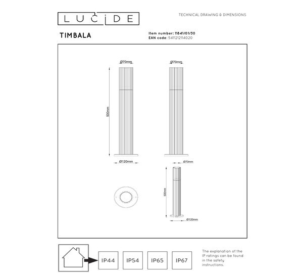 Lucide Sokkellamp 50 cm | Timbala | Cilinder | IP44 | Zwart LLU20427 - 5
