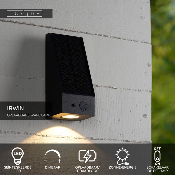 Lucide Solar wandlamp buiten op sensor | Irwin | 3000K | IP54 | Bewegingssensor | Zwart | 2W LLU20195 - 4