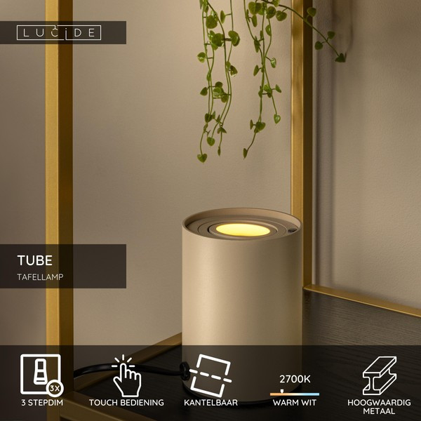 Lucide Tafellamp | Tube | 2700K | Ø 9.6 x 12.5 cm | 3-staps dimbaar | Taupe | 5W LLU20530 - 2