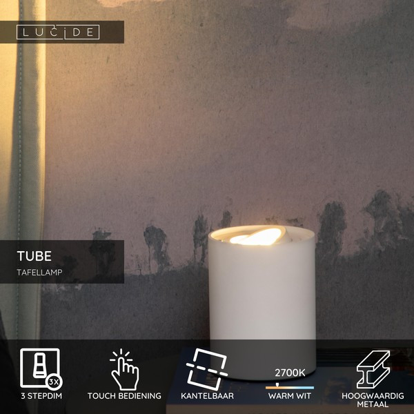 Lucide Tafellamp | Tube | 2700K | Ø 9.6 x 12.5 cm | 3-staps dimbaar | Wit | 5W LLU20531 - 2