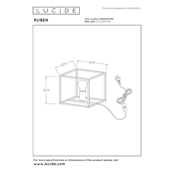 Lucide Tafellamp E27 | Ruben | 22 x 22 cm | Zwart LLU20355 - 5