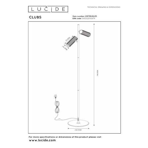 Lucide Vloerlamp 2x GU10 | Clubs | 140 cm | Wit LLU20080 - 5
