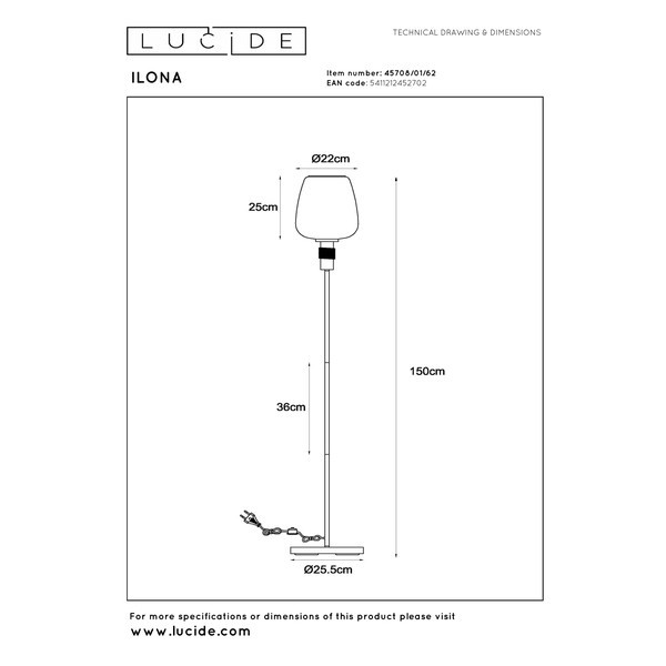 Lucide Vloerlamp E27 | Ilona | 150 cm | Zwart LLU20194 - 6
