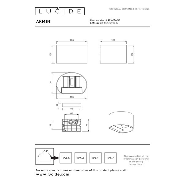 Lucide Wandlamp | Up & Down | Halfrond | Armin | IP54 | Taupe | 2200-2700-3000K | 7W LLU20017 - 6