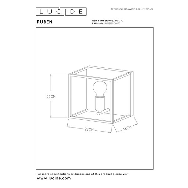 Lucide Wandlamp E27 | Ruben | Vierkant | IP20 | Zwart | 22 cm LLU20357 - 7