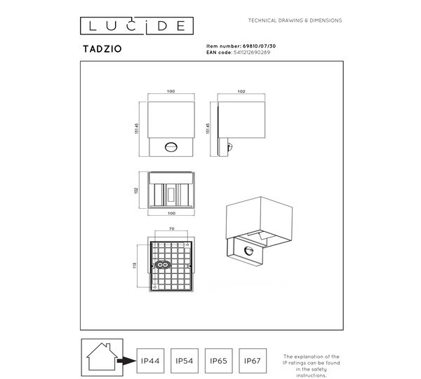 Lucide Wandlamp buiten op sensor | Tadzio | 2700-3300-4000K | IP65 | Bewegingssensor | Zwart | 7W LLU20410 - 5