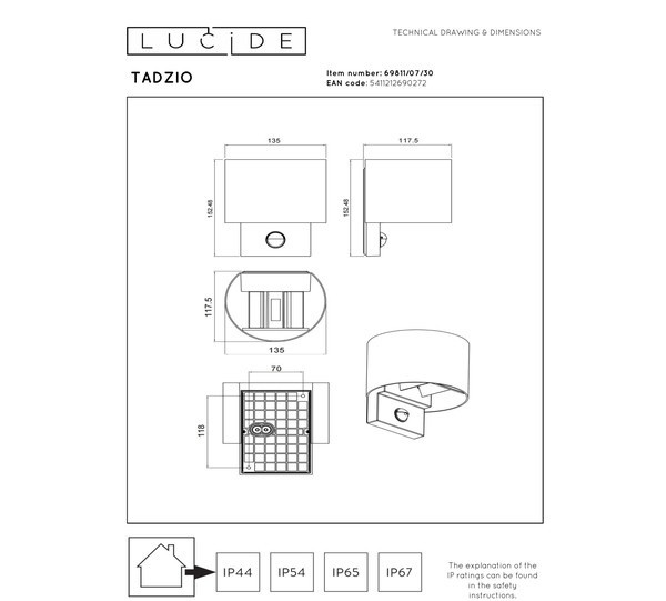 Lucide Wandlamp buiten op sensor | Tadzio | 2700-3300-4000K | IP65 | Bewegingssensor | Zwart | 7W LLU20411 - 5