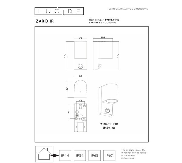 Lucide Wandlamp buiten op sensor GU10 | Zaro | Bewegingssensor | IP65 | Zwart LLU20586 - 4