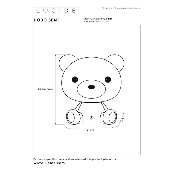Lucide oplaadbare nachtlamp | Dodo bear | 4000K | Wit | 3-staps dimbaar | 3W LLU20100 - 7