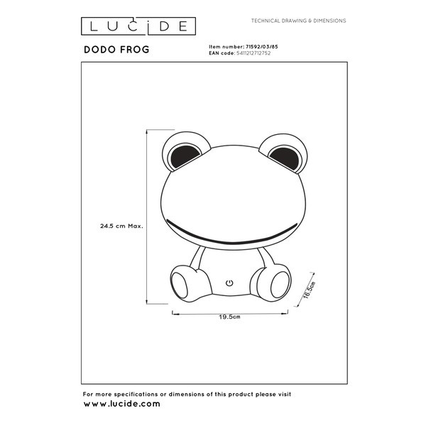Lucide oplaadbare nachtlamp | Dodo frog | 4000K | Groen | 3-staps dimbaar | 9W LLU20101 - 6
