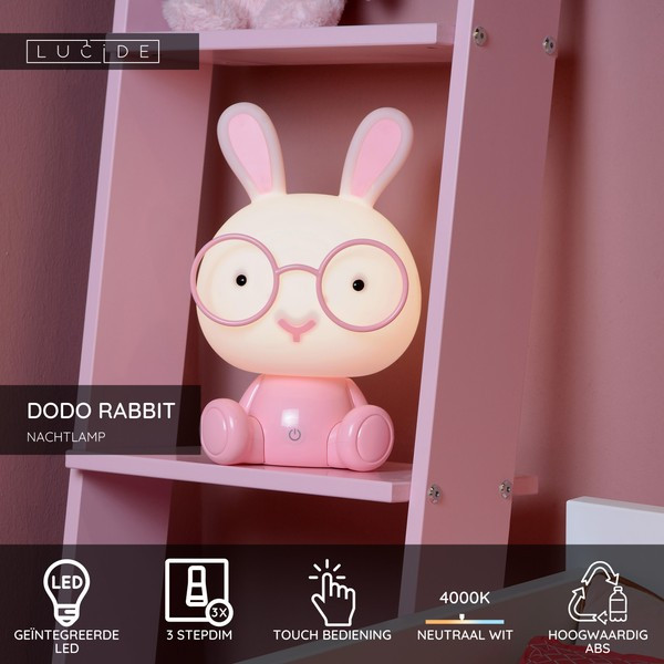 Lucide oplaadbare nachtlamp | Dodo rabbit | 4000K | Roze | 3-staps dimbaar | 3W LLU20103 - 2