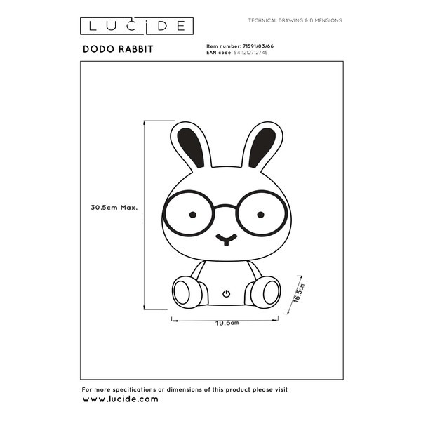 Lucide oplaadbare nachtlamp | Dodo rabbit | 4000K | Roze | 3-staps dimbaar | 3W LLU20103 - 7