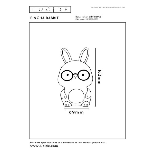 Lucide oplaadbare nachtlamp | Pincha rabbit | RGB + 2700K | Wit | 3-staps dimbaar | 0.5W LLU20328 - 8