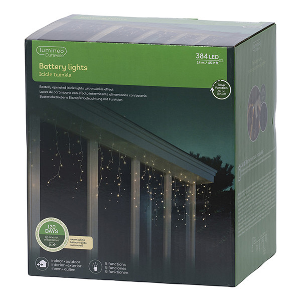 IJspegelverlichting op batterijen 14 meter | Warm wit met Twinkle effect | 384 lampjes met timer | Lumineo LLU00511 - 2