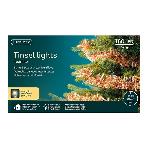 Kerstguirlande met verlichting op batterij | 8.9 meter | 180 lampjes | Soft Gold | Kerstrood, goud | Lumineo LLU00486 - 3