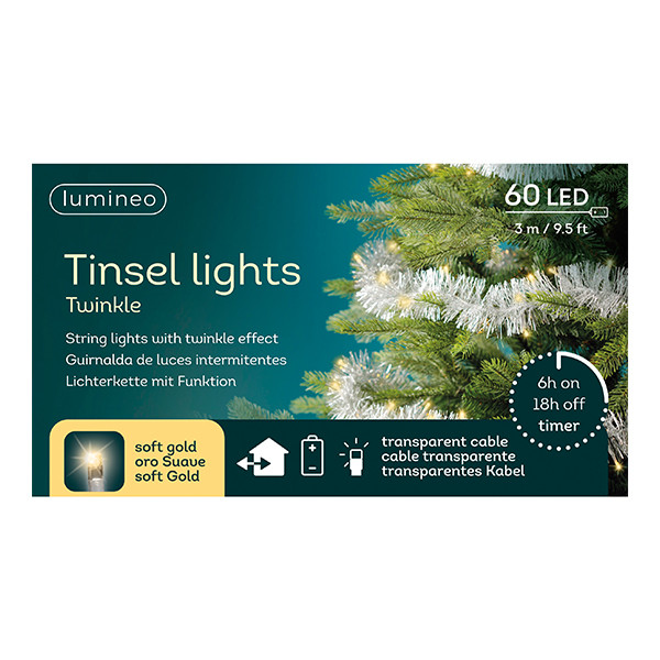 Kerstslinger met verlichting op batterij | 3 meter | 60 lampjes | Soft Gold | Zilver | Lumineo LLU00475 - 3