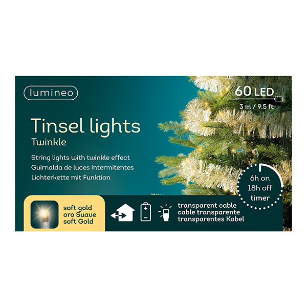 Kerstslinger met verlichting op batterij | 3 meter | 60 lampjes | Soft Gold | Zilver, goud | Lumineo LLU00478 - 3