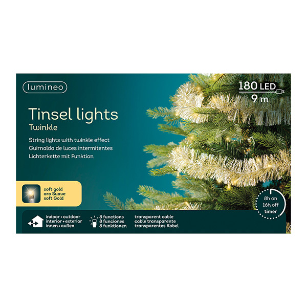 Kerstslinger met verlichting op batterij | 8.9 meter | 180 lampjes | Soft Gold | Zilver, goud | Lumineo LLU00483 - 3