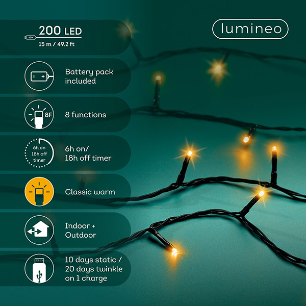 Kerstverlichting 15 meter | Duracharge oplaadbaar | Extra warm wit | 200 lampjes | Lumineo LLU00444 - 2
